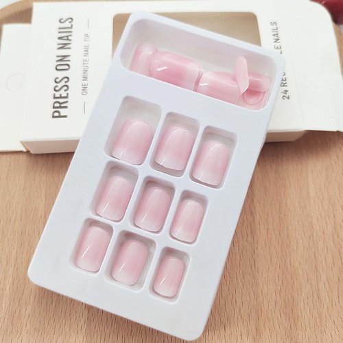 Short Press on Nails Square Pink Fake Nails with White Gradient Designs Acrylic Nails Press ons Reusable Glue on Nails for Women and Girls Daily Wear 24 Pcs