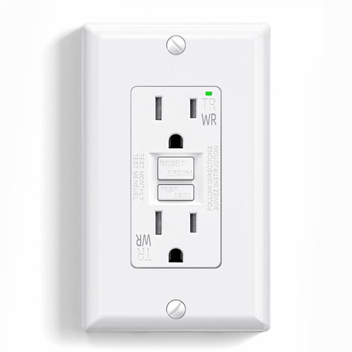 ELEGRP Outdoor GFCI Outlet 15 Amp, Self-Test GFI Electrical Outlet with Narrow Design, Tamper Resistant GFCI Receptacle with LED Indicator, UL Listed, White, Wall Plate Included, 1 Pack