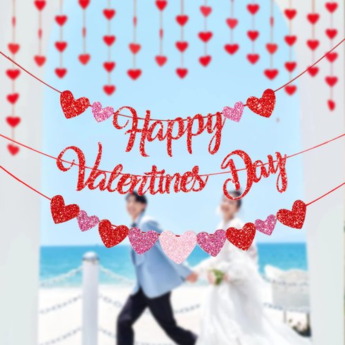 Happy Valentine’s Day Decorations Red Heart Banner Kit for Home Galentines party favors Wedding Anniversary Birthday Kids Party Supplies Home Window Décor