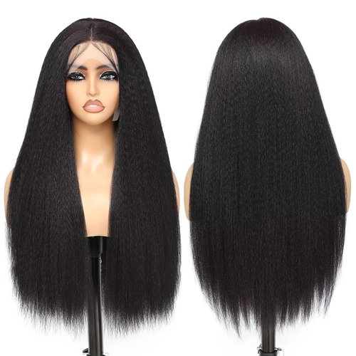 Kinky Straight Synthetic Lace Front Wigs for Women Glueless Lace Wigs Synthetic Long Yaki Straight Lace Front Wig Natural Wig Heat Resistant Fiber Natural Black Hair Wig With Baby Hair 24 Inch 13x4x1
