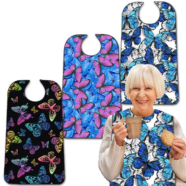 EpoBob 3 Pack Adult Bibs with Crumb Catcher, Washable and Adjustable Adult Bibs for Women Elderly Seniors Butterfly 02