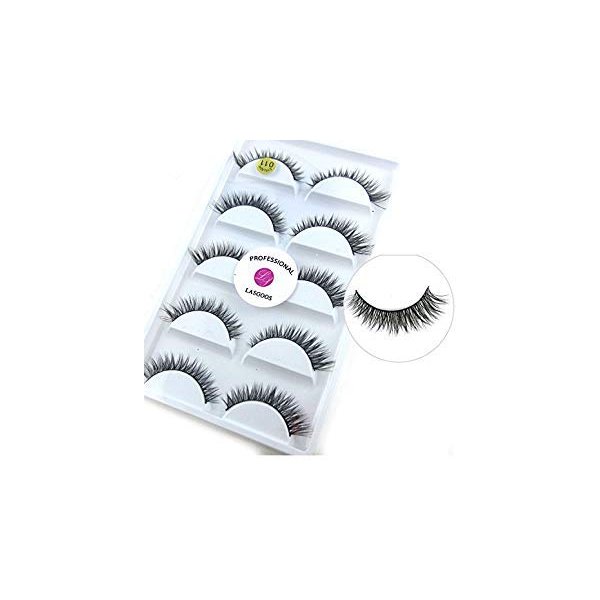 3D Real Mink False Eyelashes LASGOOS 100% Siberian Mink Fur Cruelty-free Luxurious Natural Short Cross Winged Fake Eye Lashes Makeup 5 Pairs/Box L011-5