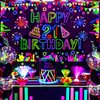 Neon Birthday Party Decorations Neon Happy 21st Birthday Banner Backdrop Glow in The Dark Party Decorations with UV Black Light Reactive for Let Glow Neon Birthday Blacklight Halloween Party Supplies