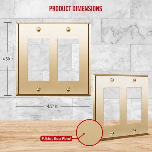 ENERLITES Decorator Switch or Receptacle Outlet Metal Wall Plate, Stainless Steel Corrosion Resistant, Size 2-Gang 4.50" x 4.57", Stainless Steel 201, 7732-PB, Polished Brass, Gold