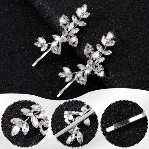 Isslly 2PCS Silver Rhinestones Hair Clips, Bridal Crystal Hair Pins, Gorgeous Rhinestone Hairpins Alloy Leaf Shape Barrettes for Women, Girls for Wedding, Parties (1 Pairs)