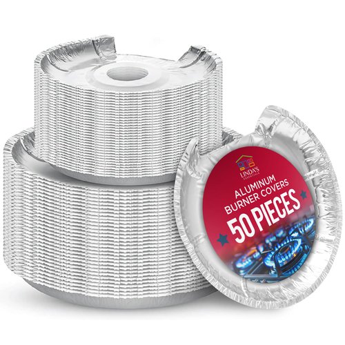 Heavy-Duty Aluminum Electric Stove Burner Covers (50 Pack) - Disposable Round Foil Liners (6 & 8 Inch), Non-Stick Drip Pan Protectors, Stove Top Covers, Great Kitchen Accessory for Easy Cleanup