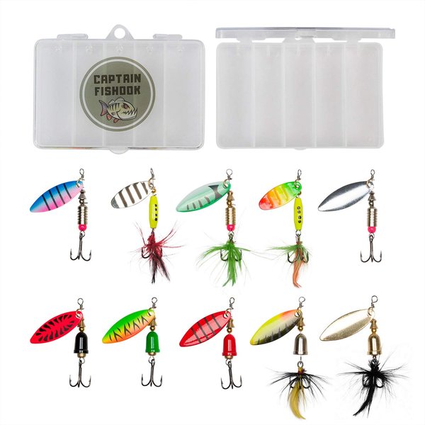 Fishing Lure Set by Captain Fishook – 10-Piece Fishing Lures Spinnerbait Kit for Fresh and Salty Water – Premium Non-Rust Carbon Hook – Steel Stamped Hand Painted Blades – 2 Tackle Boxes