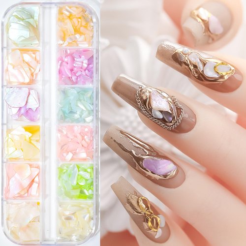Seashell Slices, 3D Nail Art Glitter Sequins Irregular Thin Flakes Nail Design 12 Mix Colors Shell Slices Decoration UV Gel Shiny Accessories Mermaid DIY Acrylic Nails Supplies for Women Girls