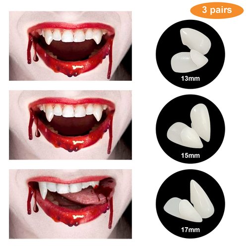 EIRMEON 3 Sizes Vampire Fangs Fake Teeth with Adhesive,Realistic Reusable Vampire Teeth for Halloween Party Cosplay Favors Dress Up Accessories Prop Decoration