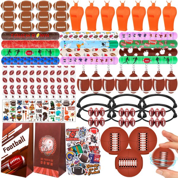 Aoocoeo 208Pcs Football Party Favors Football Theme Toy Whistle Eraser Bead Bracelet Sticker for Football Birthday Party Supplies Classroom Rewards