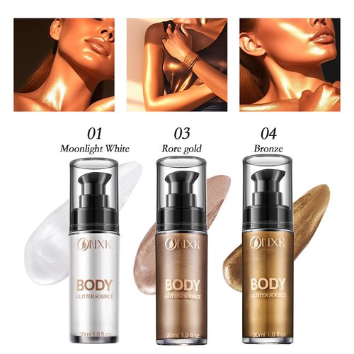 Body Glitter Oil Liquid Luminizer - Glow Hightlighter Shimmer Oil Illuminator Waterproof Long Lasting Moisturizing for Body & Face Bronzer Smooth Lotion with Makeup Brush by ONXK(#01 Moonlight White)