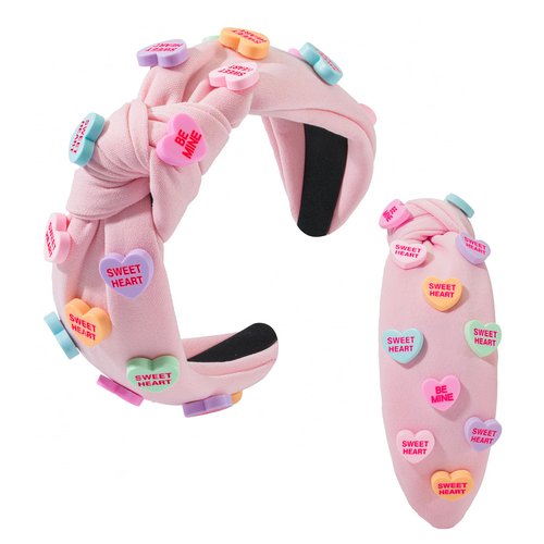 Valentine's Day Heart Candy Embellished Pink Headband Conversation Love Heart Charm Knotted Headband Non Slip Wide Top Knot Fashion Hairband Hair Accessories Party Gift for Women Girls(pink)