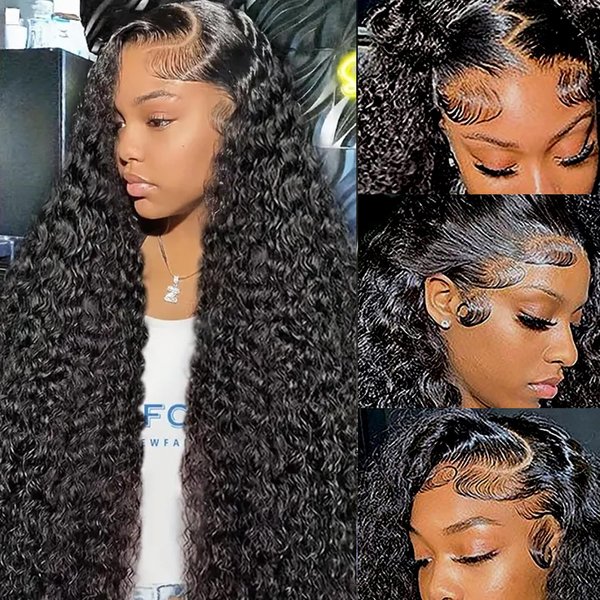 13x6 Deep Wave Lace Front Wigs Human Hair 200 Density HD Lace Front Wigs Human Hair Pre Plucked Bleached Knots Glueless Wigs Human Hair Wet and Wavy for Women (Natural Black 13X6, 28 inch, Curly)