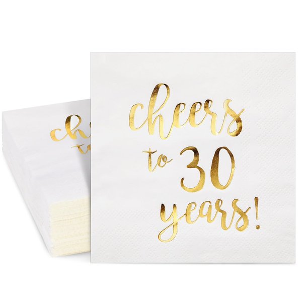 Juvale 50 Pack Cheers to 30 Years Cocktail Napkins for 30th Birthday, Anniversary Party Supplies, 3-Ply, White and Gold Foil (5 x 5 In)