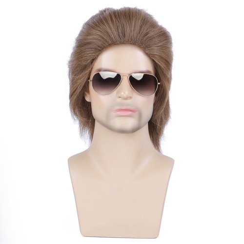 PATTNIUM Blonde 80s Wig Mens Layered Wig Mens Mullet Wig Blonde Mixed Brown Layered Wig Curly Male Punk Wig Rocker Wig Golden Brown Wig with Wig Cap