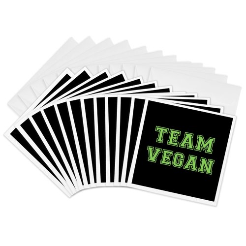 3dRose Greeting Cards - Team Vegan - pro veganism fun - green text in retro sporty college sports font on black - 12 Pack - Typography