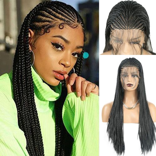 SIMBEAUTY 180% Density Black Box Braided Wigs Pre Plucked Braids Lace Front Wigs for Black Women with Baby Hair Glueless Micro Braids Synthetic African Replacement Hair (26inches-middle part)…