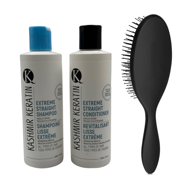 Bundle 3 Items: Extreme Straight Keratin Shampoo 8 oz, Extreme Straight Keratin Conditioner 8oz and Paddle Brush, Frizz Free & Control, Sulfate Free, Paraben Free
