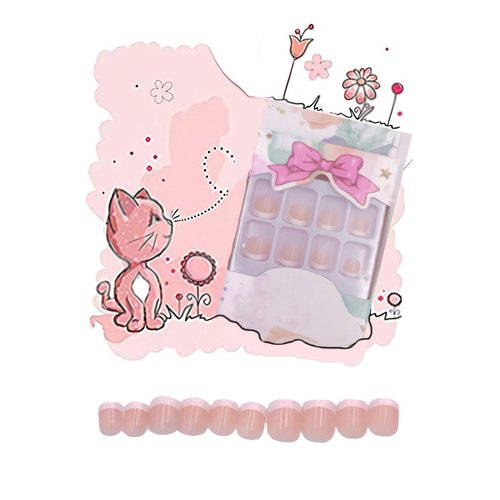 MISUD French Fake Nails 24pcs Classic Natural Pre-Glued Short Square Shape with Shiny Edge False Nails for Kids and Teen Girls Full Cover Artificial Nails