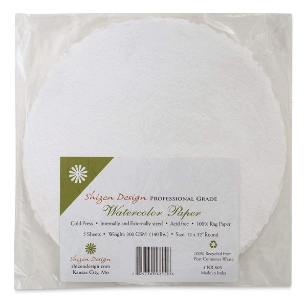Shizen Design, Watercolor Paper, White, Cold Press, 12 Inch Circle, Pack of 5 Sheets, NR 803
