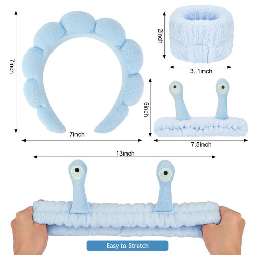 ACO-UINT 6Pcs Blue Spa Headbands and Wrist Washbands Set, Skincare Headbands Snail Face Wash Headband Makeup Headband, Terry Cloth Headbands Face Towel Wristbands Puffy Hair Band for Washing Face