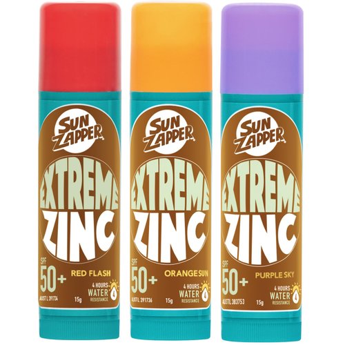 Sun Zapper Extreme Zinc Stick Triple Pack - Red, Orange, Purple SPF 50+ Water Resistant Sunscreen -15g Each