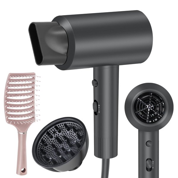 Hair Dryer, Dongxw 1600W Ionic Blow Dryer with Diffuser, Lightweight Hair Dryers & Accessories Low Noise Professional Portable Hairdryer for Women Men, Grey