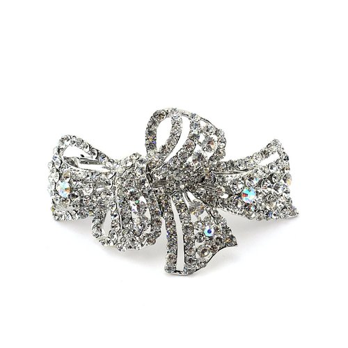 Women's Rhinestone Metal Hair Barrette Clip Hair Pin Antique Silver IMB2125, Clear