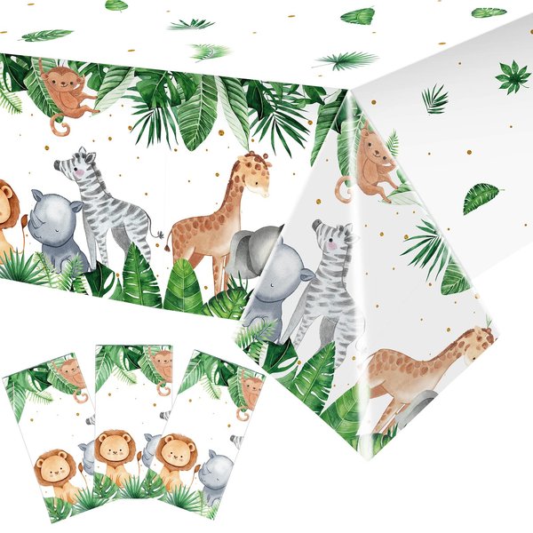 Jungle Safari Party Tablecloth Wild One Tablecloth Animal Print Table Cover Sage Green Baby Shower Decorations Zoo Plastic Table Cover for Boys Kids Birthday Decoration Supplies, 108 x 54 Inch (3 Pcs)