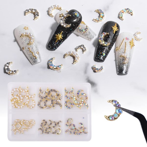 60 Pcs Moon Nail Charms Rhinestones 3D Shiny Moon Shape Metal Gems Jewels Stones Gold Rhinestones Charms Design for Nails Art Accessories DIY Decoration with Storage Box