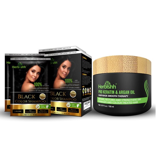 Herbishh Hair Color Shampoo 2 Travel Pack Combo + 1 Pro-Keratin Argan Hair Mask for Deep Conditioning & Hydration 3 in 1 Permanent Hair Dye Shampoo for Grey Hair (Black)