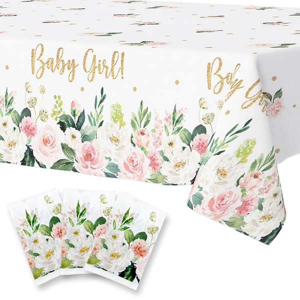 Baby Shower Tablecloth, Baby Shower Decorations for Girls, Baby Girl, Rose Pink Floral, Sweet Baby Girl, Party Disposable Plastic Tablecover, Gender Reveal, Flower Kids Birthday Party