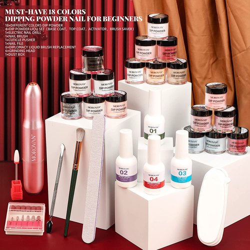 30Pcs Dip Powder Nail Kit Starter-Morovan 18 Colors Dip Powder Pure Glitter Nail Dipping Powder Set with Electric Nail Drill Machine Dipping Powder for Beginners or Professional DIY at Home