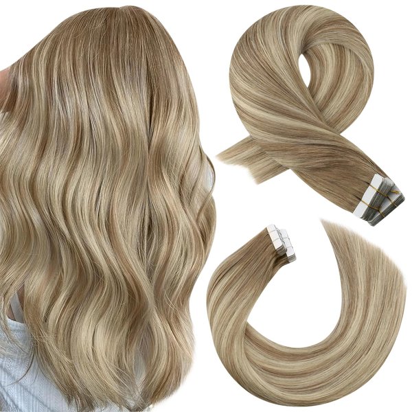 Moresoo Tape in Human Hair Extensions Balayage Hair Extensions Tape in Ombre Ash Brown to Blonde Mix with Light Blonde Hair Extensions Real Human Hair Tape in Straight Hair 16 Inch #8/22/8 20pcs 50g