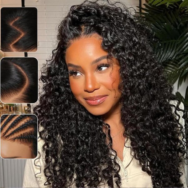 KLAIYI Bye Bye Knots Glueless Wig Pre Cut Water Wave HD Lace Front Wigs Human Hair Pre Bleached Pre Plucked Ready to Go Wigs for Women 30S Easy to Wear Put On and Go Curly Wig Beginner Friendly 20Inch
