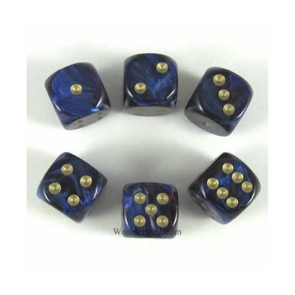 Royal Blue Scarb with Gold Pips 16mm D6 Dice Set of 6 Wondertrail WCX27627E6