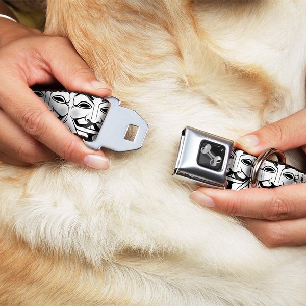 Dog Collar Seatbelt Buckle Anonymous Face Close Up Repeat White Black Gray 13 to 18 Inches 1.5 Inch Wide