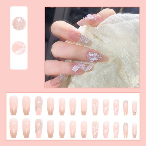 BUKBUVLO Press On Nails 24pcs Fairy Ballet French Tips Nail,False Fake Nails With Design Fashion Exquisite For Women And Girls Nail Salon (Crystal Butterfly)