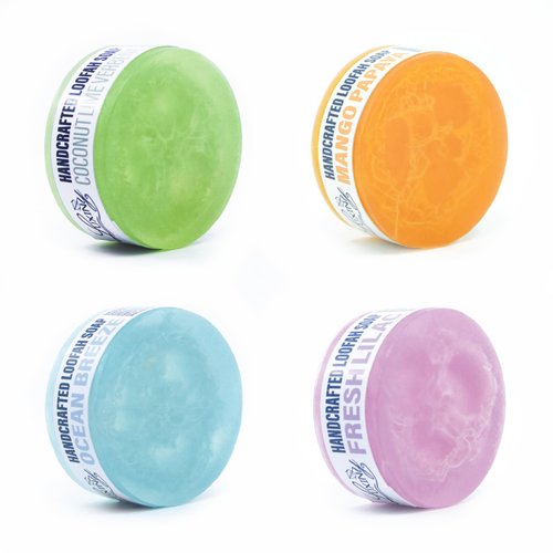 Glycerin Soap Bar Rounds Natural Loofah, Handmade Soap, Made in The USA, for Exfoliating Body Wash, 4 Pack(Fresh Lilac, Coconut Lime Verbena, Ocean Breeze, Mango)