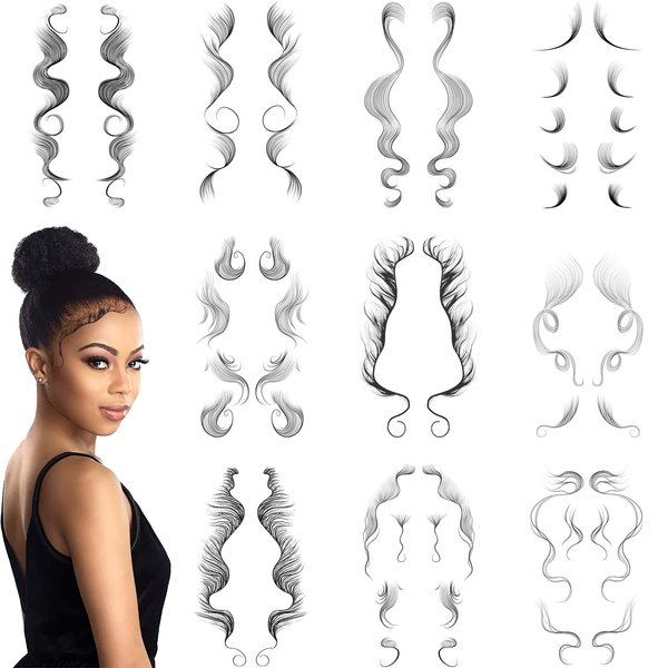 Onpep 10Pcs Baby Hair Tattoo Stickers 10 Styles Temporary Bangs Tattoos Edges DIY Hairstyling Hair Tattooing Template Curly Hair Stickers Waterproof Lasting Makeup Tool for Women
