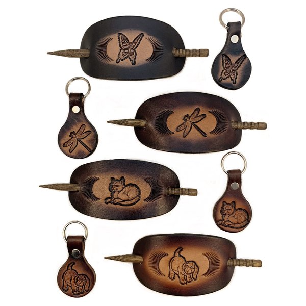 Made in USA, GENUINE THICK LEATHER Hair Barrette, Stick Pony Tail Holder Butterfly Dragonfly Dolphin Eagle Owl Frog Squirrel Rabbit Cat Dog Elephant Horse Pig Unicorn Wolf Bear Buffalo Scorpion Dragon