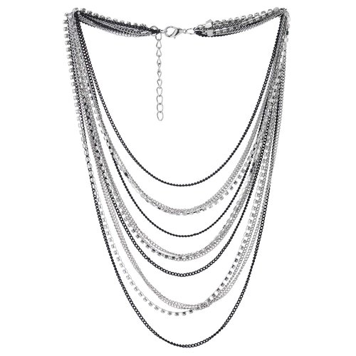 COOLSTEELANDBEYOND Black Silver Waterfall Multi-Strand Long Layered Chains Statement Collar Necklace with Rhinestones