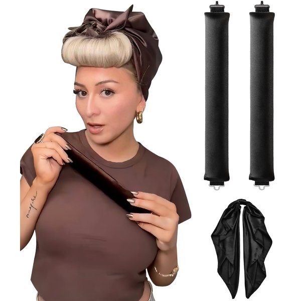 Satin Heatless Hair Curlers Curling Set Overnight Blowout Curls Rods No Heat Self Curling Jumbo Rods Hair Rollers Set for Fine Thin Long Hair Heatless Curl Silk Hair Wrap for Sleeping Black