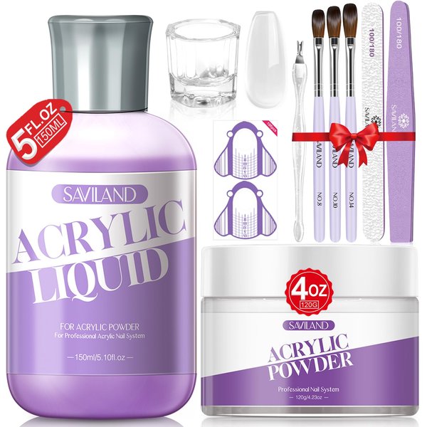 SAVILAND 9 OZ Acrylic Nail Kit - 4 OZ Clear Acrylic Powder and 5 OZ Acrylic Liquid with Acrylic Brush Nail Forms for Manicure Application Extension Nail Kit for Starters with Everything Home DIY Salon