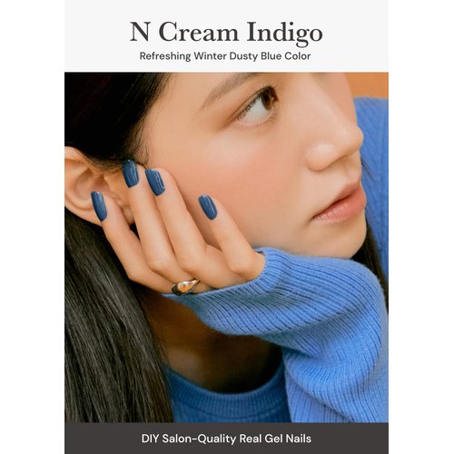 ohora Semi Cured Gel Nail Strips (N Cream Indigo) - Blue, Solid, Works with Any UV/LED Nail Lamps, Salon-Quality, Long Lasting, Easy to Apply & Remove - Includes 2 Prep Pads, Nail File & Wooden Stick