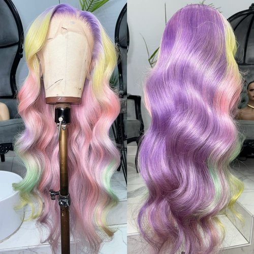 FENJUN HAIR Fashion Colorful Multi Color Rainbow Wig for Women Girls, Long Curly Wavy Ombre Blonde Lace Front Wigs with Cap+Comb, Green Pink Purple Synthetic Cosplay Pastel Lavender Wigs