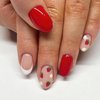 Mkwntg Red Press on Nails Short Round Fake Nails Cute False Nails with Flower Strawberry Designs Glossy White French Tip Acrylic Nails Reusable Full Cover Glue on Nails for Women Girls Manicure 24Pcs