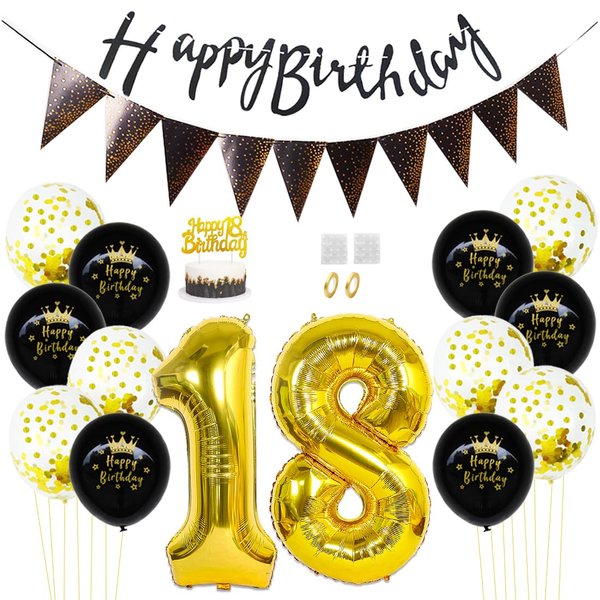 Daimay 18th Birthday Party Decorations Gold Black Happy Birthday Latex Confetti Balloons Triangle Flag Banner Number 18 Foil Balloon Cake Topper for Men Women Anniversary Birthday Party Supplies