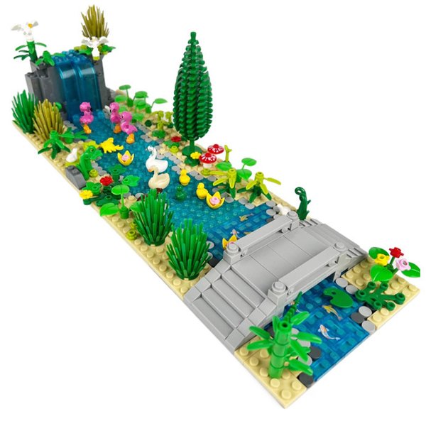 Usoway Waterfalls Pools Building Block Set 02, Farm Animal Building Toys, Bridge Piers, Pools, Trees, Ducks, Waterfalls, for Ages 7-12, XHUS005-2