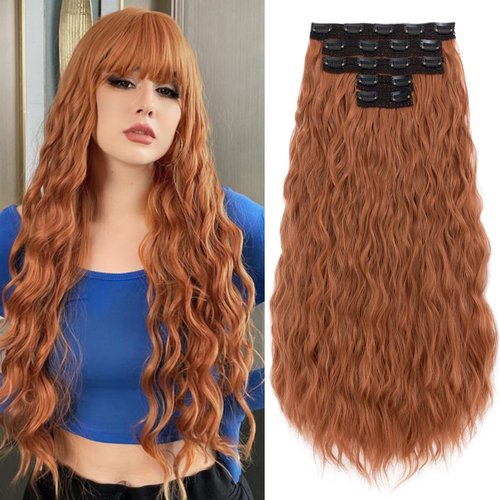 S-noilite 24" Clip in Hair Extensions 5PCS Loose Waves Wavy Hair Extensions Synthetic Thick Natural Hairpieces Double Weft Ginger Hair Extensions Clip Ins for Women Full Head Long Hair Pieces,#Ginger